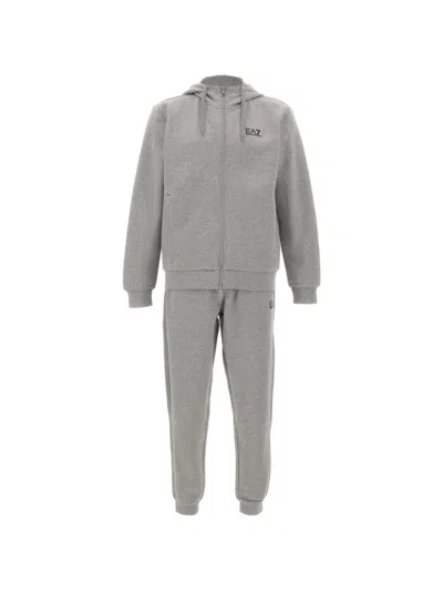 Ea7 Hooded Logo Cotton Tracksuit In Gray