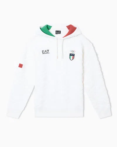 Ea7 Hooded Sweatshirt With All-over Embossed “italia Team” Print In White
