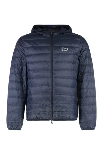 Ea7 Hooded Ultra-light Down Jacket In Blue