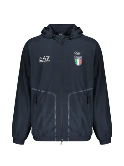 Ea7 Hooded Windbreaker Jacket In Blue