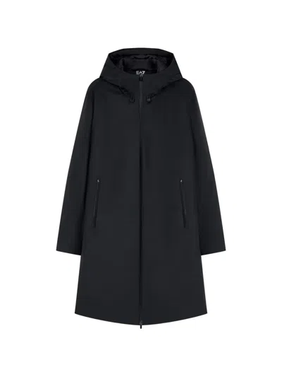 Ea7 Hooded Zip-up Coat In Black