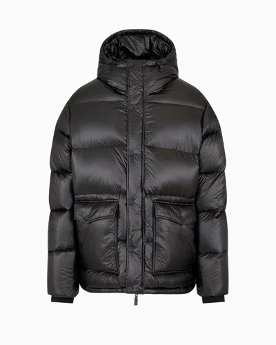 Ea7 Iridescent Nylon Down Jacket With Hood In Black