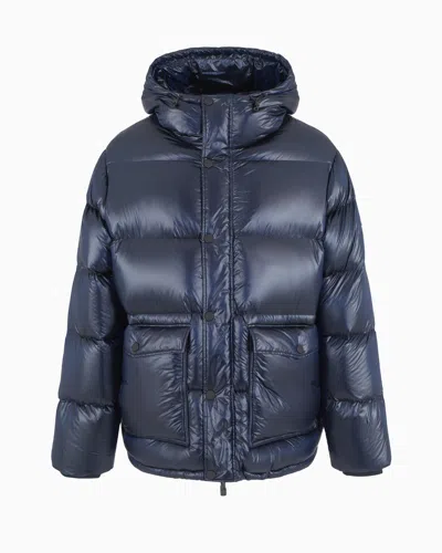 Ea7 Iridescent Nylon Down Jacket With Hood In Blue