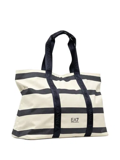 Ea7 Large Stripe Cotton Tote Bag In White