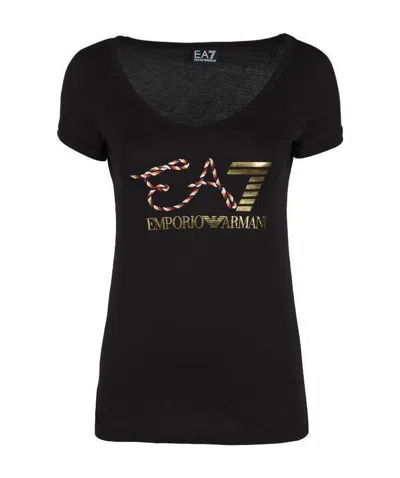 Ea7 Logo Embroidered T-shirt In Black
