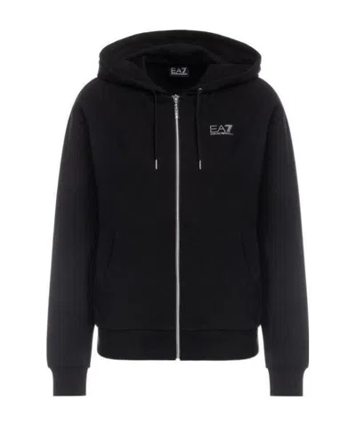 Ea7 Logo Hooded Casual Jacket In Black