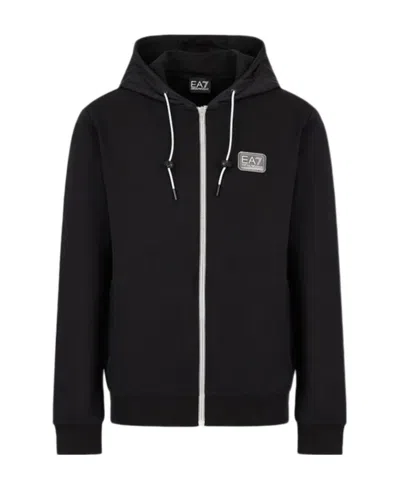 Ea7 Logo Hooded Zipper Sweater In Black