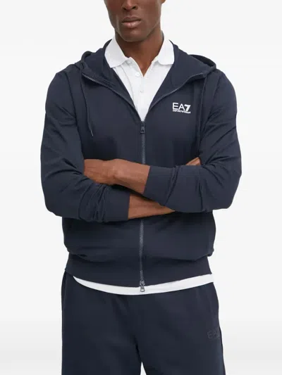 Ea7 Logo-print Zip-up Hoodie In Blue