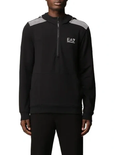Ea7 Logo Printed Long-sleeved Hooded Sweater In Black