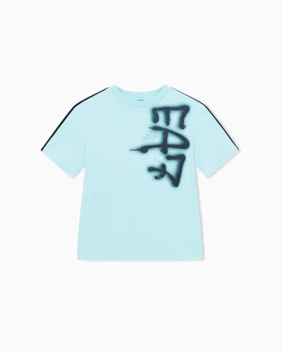 Ea7 Kids' Logo Series Boy Pure Cotton Crew-neck T-shirt With Graffiti Print