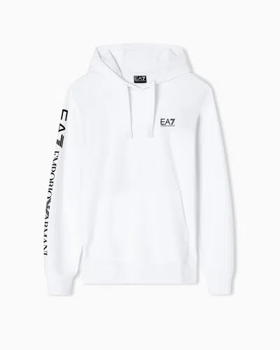 Ea7 Logo Series Cotton Hooded, Zip-up Sweatshirt In White