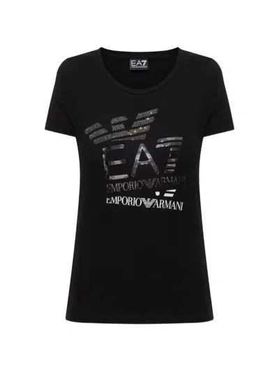 Ea7 Logo Series Embellished Logo-print T-shirt In Black
