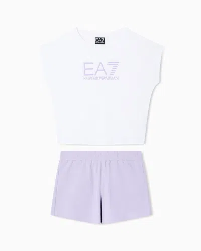 Ea7 Logo Series Girl Cotton T-shirt And Shorts Set In Multi