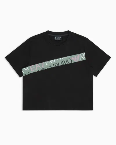 Ea7 Kids' Logo Series Girl Organic-cotton Crew-neck T-shirt In Black