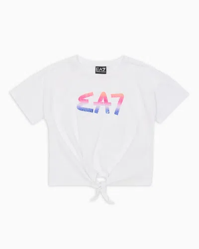 Ea7 Kids' Logo Series Girl Stretch-cotton Crew-neck T-shirt In White