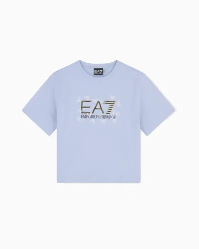 Ea7 Kids' Logo Series Girl Stretch Cotton T-shirt In Blue