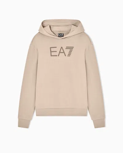 Ea7 Logo Series Stretch Cotton-blend Hooded Sweatshirt In Sand