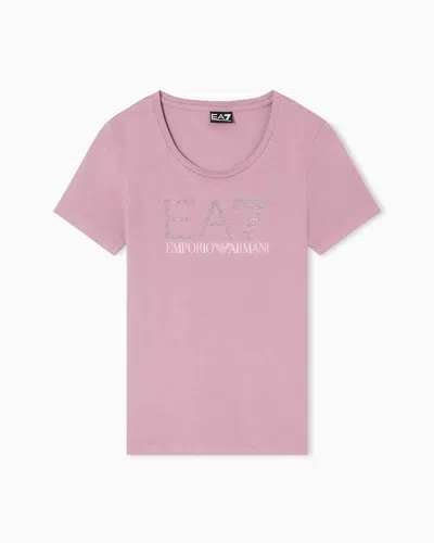 Ea7 Logo Series Stretch-cotton Crew-neck T-shirt With Rhinestones
