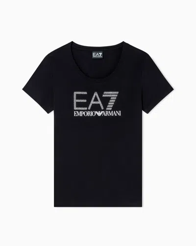 Ea7 Logo Series Stretch-cotton Crew-neck T-shirt With Rhinestones In Black