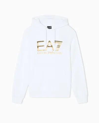 Ea7 Logo Series Stretch-cotton Hooded Sweatshirt With Oversized Logo In White