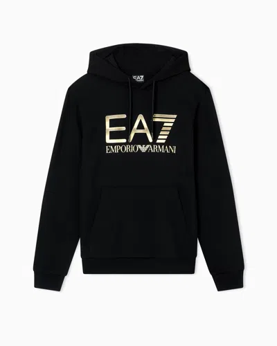 Ea7 Logo Series Stretch-cotton Hooded Sweatshirt With Oversized Logo In Black