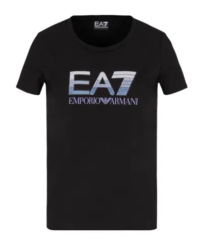Ea7 Logo Series Stretch-cotton Crew-neck T-shirt With Sequin Logo In Black