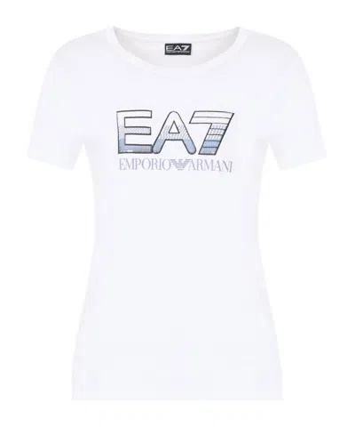 Ea7 Logo Series Stretch-cotton Crew-neck T-shirt With Sequin Logo In White
