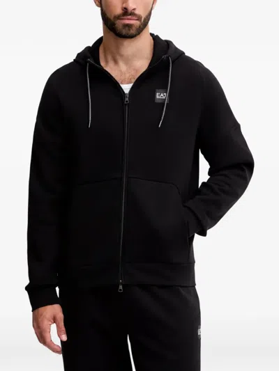 Ea7 Logo-embroidered Zip-up Hoodie In Black