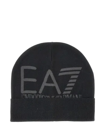 Ea7 Logo-jacquard Ribbed Beanie Hat In Black
