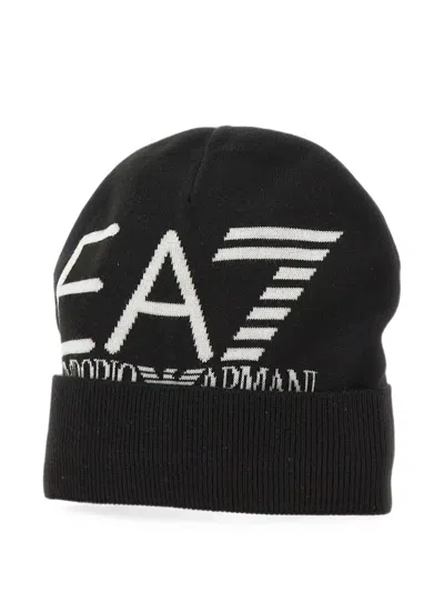 Ea7 Logo-jacquard Ribbed-trim Beanie Hat In Black