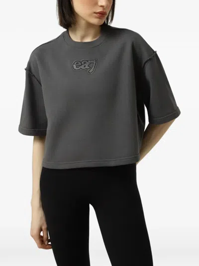 Ea7 Logo-patch Raw-edge T-shirt In Black