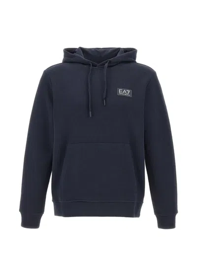 Ea7 Logo-patch Ribbed Hoodie In Blue