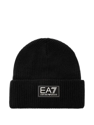 Ea7 Logo-patch Ribbed-knit Beanie Hat In Black