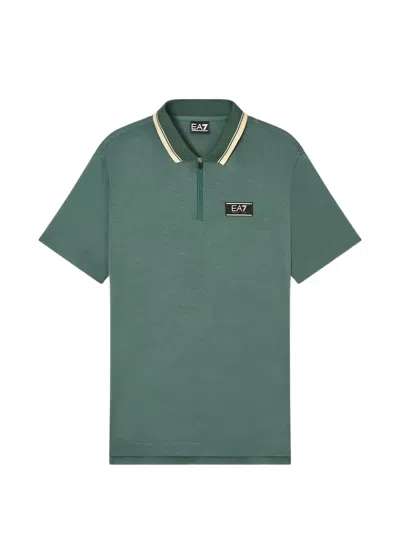 Ea7 Logo-patch Zip-fastening Polo Shirt In Green