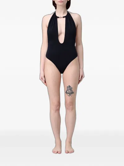 Ea7 Logo-plaque Halterneck Swimsuit In Black