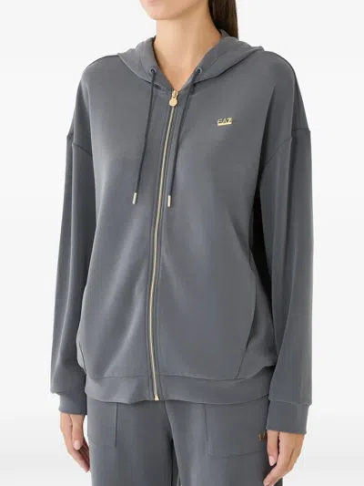Ea7 Logo-plaque Zip-up Hoodie In Gray