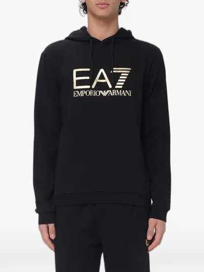 Ea7 Logo-print Cotton Hoodie In Black
