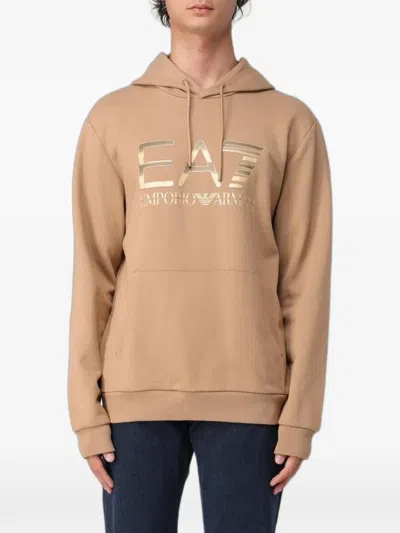Ea7 Logo-print Cotton Hoodie In Brown