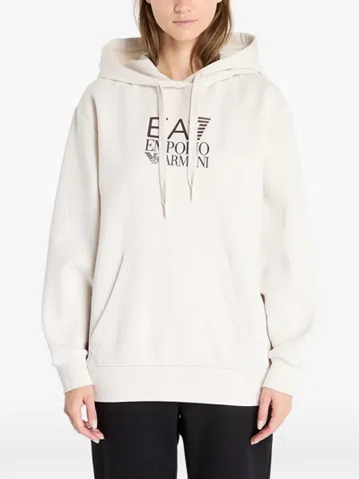 Ea7 Logo-print Drawstring Cotton Hoodie In Neutral