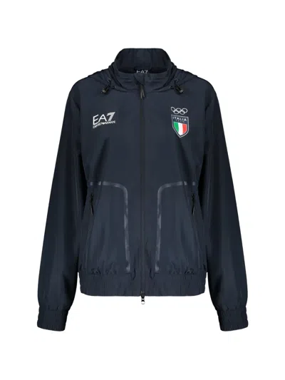 Ea7 Logo-print Hooded Jacket In Blue