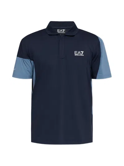 Ea7 Logo-print Panelled Polo Shirt In Blue