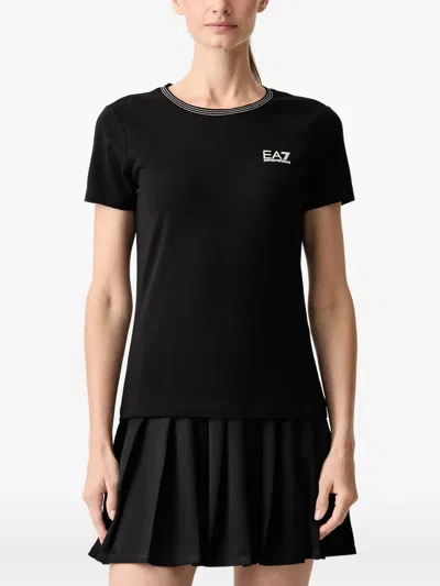 Ea7 Logo-print Striped-trim T-shirt In Black