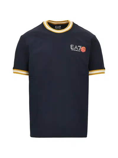 Ea7 Logo-print Striped-trim T-shirt In Blue