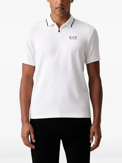 Ea7 Logo-print Zip-neck Polo Shirt In White