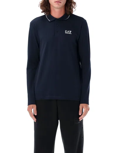 Ea7 Logo-print Cotton Polo Shirt In Blue