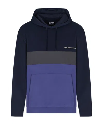 Ea7 Athletic Colour Block Hooded Sweatshirt In Nylon And Viscose Blend In Blue