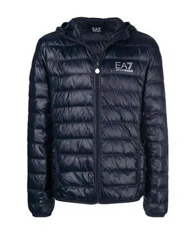 Ea7 Long-sleeved Hooded Down Jacket In Black