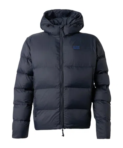 Ea7 Long-sleeved Hooded Cotton Jacket In Blue