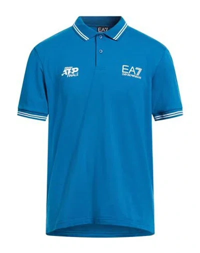 Ea7 Man Polo Shirt Azure Size Xxl Polyester, Cotton, Elastane In Blue