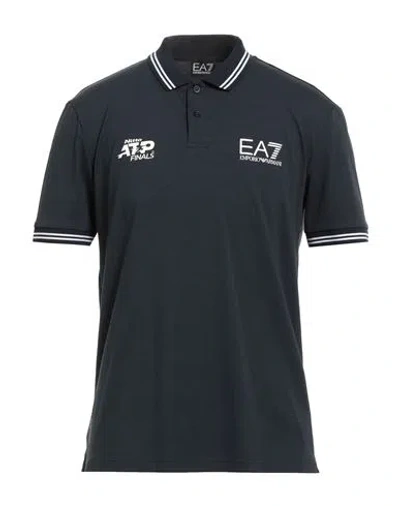 Ea7 Man Polo Shirt Navy Size L Polyester, Cotton, Elastane In Gray